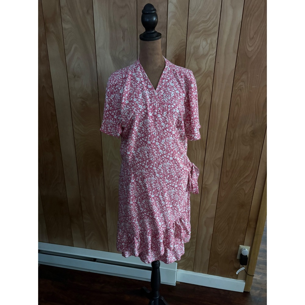 Naggoo Pink Ditsy Floral Wrap Dress Short Sleeve Ruffle Hem XL‎